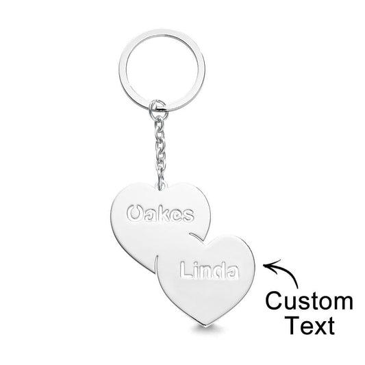 Personalised Name Double Hearts Keyring front view showing engraved twin hearts on a secure metal keyring ideal personalised couples gift