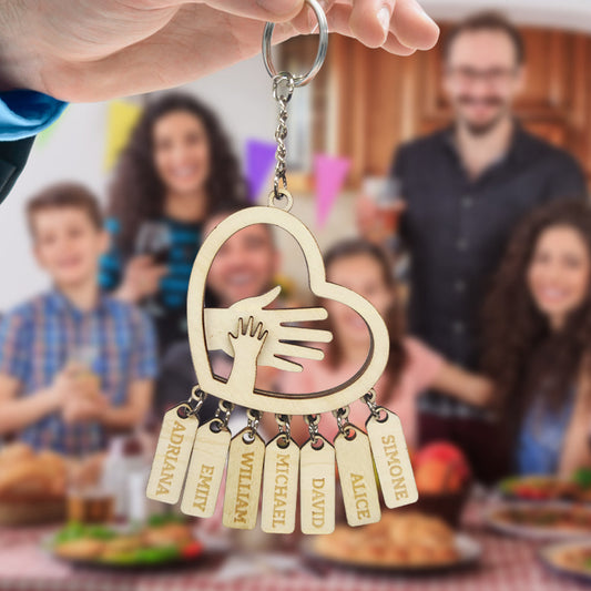 Personalised Hands Name Tags keychain hero shot showing several engraved name tags on a single ring – customisable with 1–7 names, ideal Father's Day gift