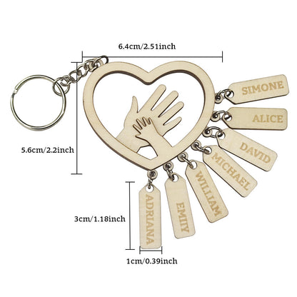 Close-up of a personalised hands-shaped name tag with crisp engraving of family names – custom 1–7 names keepsake for dad or grandad