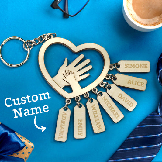 Personalised Hands Name Tags keychain hero shot showing several engraved name tags on a single ring – customisable with 1–7 names, ideal Father's Day gift