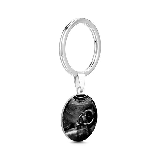 Daddy to Be stainless steel keyring with personalised sonogram photo front — polished, oxidation-resistant ultrasound keepsake for new dad