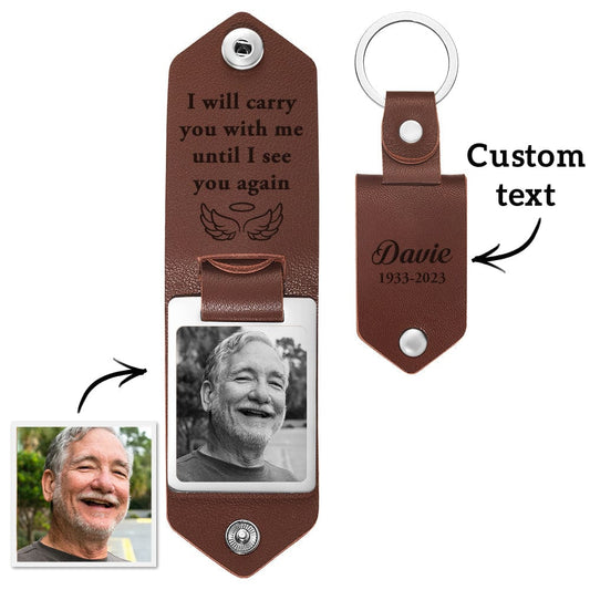 Angle highlighting metal ring and hardware on personalised PU leather keychain — secure, stylish custom photo keyring