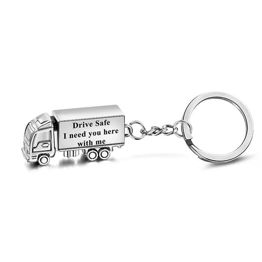 Personalised truck keyring in polished silver metal, engraved 'Drive Safe' charm on a keyring — perfect personalised gift for husband, boyfriend or dad