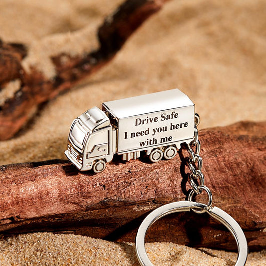 Personalised truck keyring in polished silver metal, engraved 'Drive Safe' charm on a keyring — perfect personalised gift for husband, boyfriend or dad