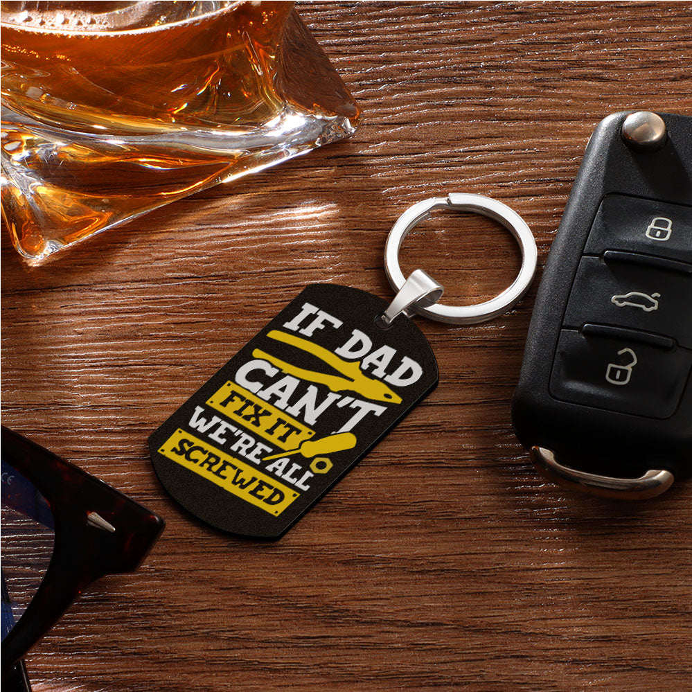 Personalised keyring next to house keys to show compact 49×28mm size – durable engraved aluminium Father's Day gift with custom photo option
