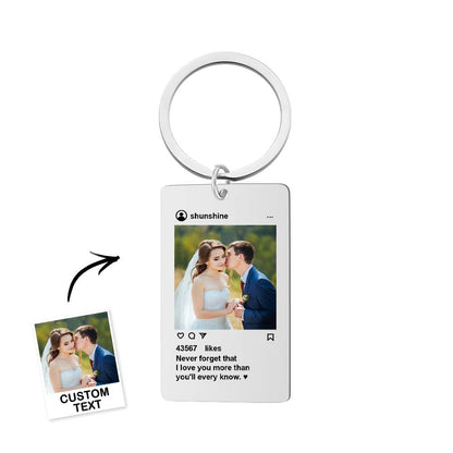 Rear and side view of personalised stainless steel Spotify photo keychain highlighting brushed finish and engraving detail