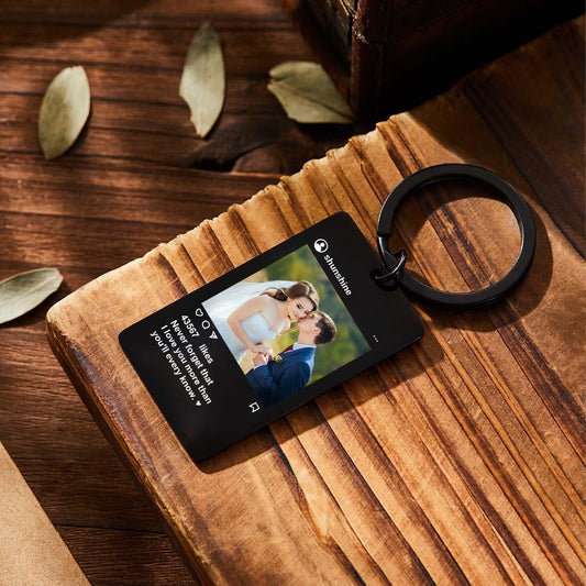 Personalised stainless steel Spotify photo keychain showing engraved photo, song title and scannable Spotify code – custom music plaque keyring