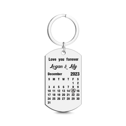 Personalised date keyring on a standard keyring and bag zip — stainless steel engraved keepsake ideal as an anniversary or memorial gift