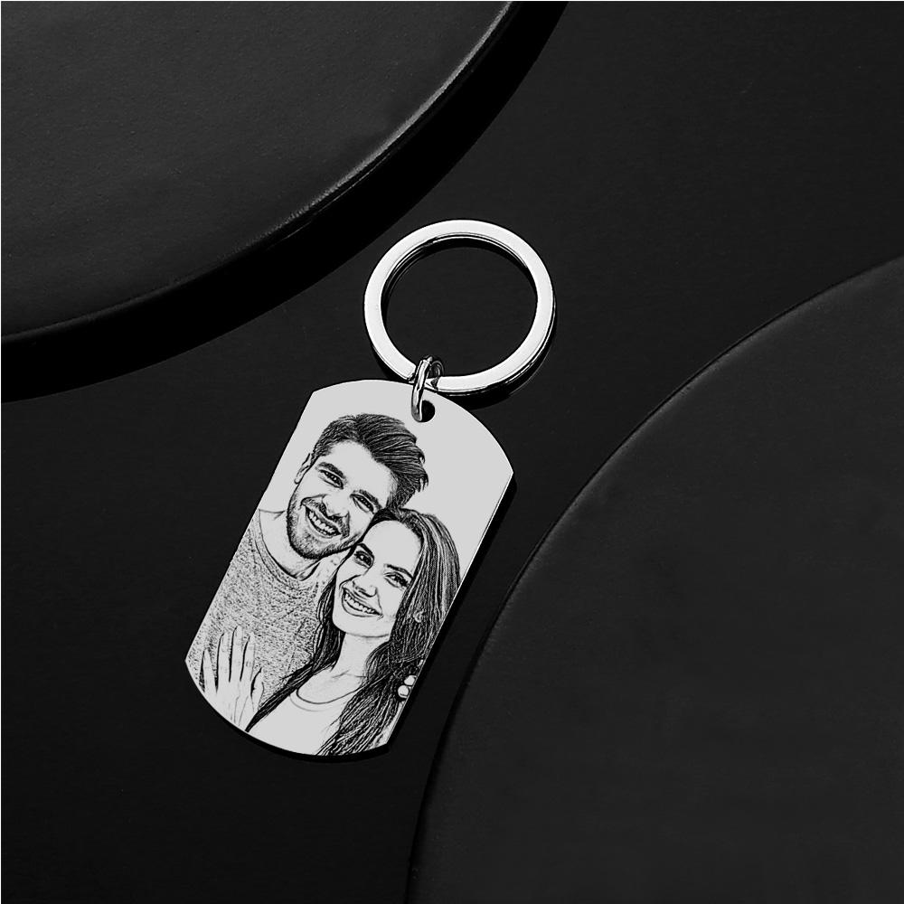 Close-up of engraved stainless steel personalised keyring showing clear laser engraving and corrosion-resistant finish — custom date keyring
