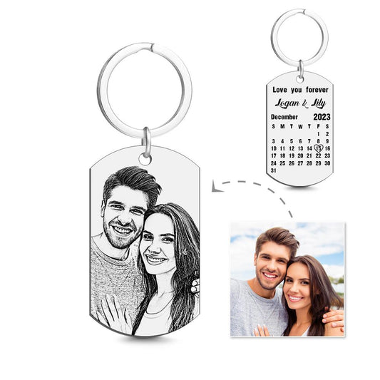 Personalised calendar keyring — engraved stainless steel slim tag with custom date, elegant anniversary keepsake keychain