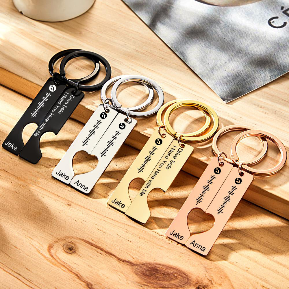 Drive Safe personalised music scan code keyring montage showing stainless steel 3D‑engraved custom name keychains