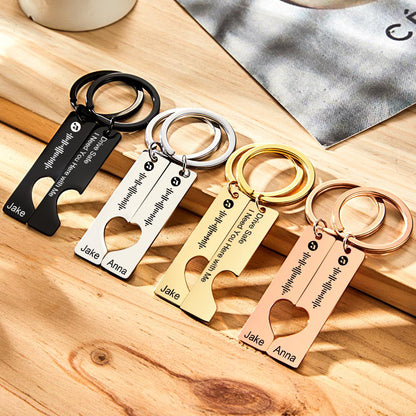 Drive Safe personalised music scan code keyring montage showing stainless steel 3D‑engraved custom name keychains