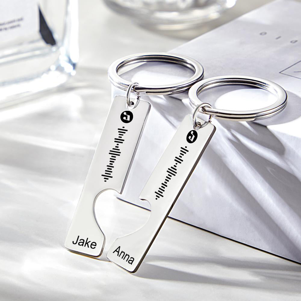 Drive Safe personalised music scan code keyring montage showing stainless steel 3D‑engraved custom name keychains