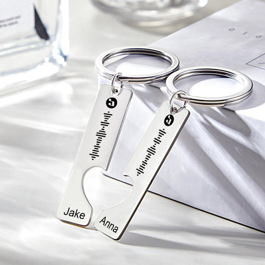 Drive Safe personalised music scan code keyring montage showing stainless steel 3D‑engraved custom name keychains