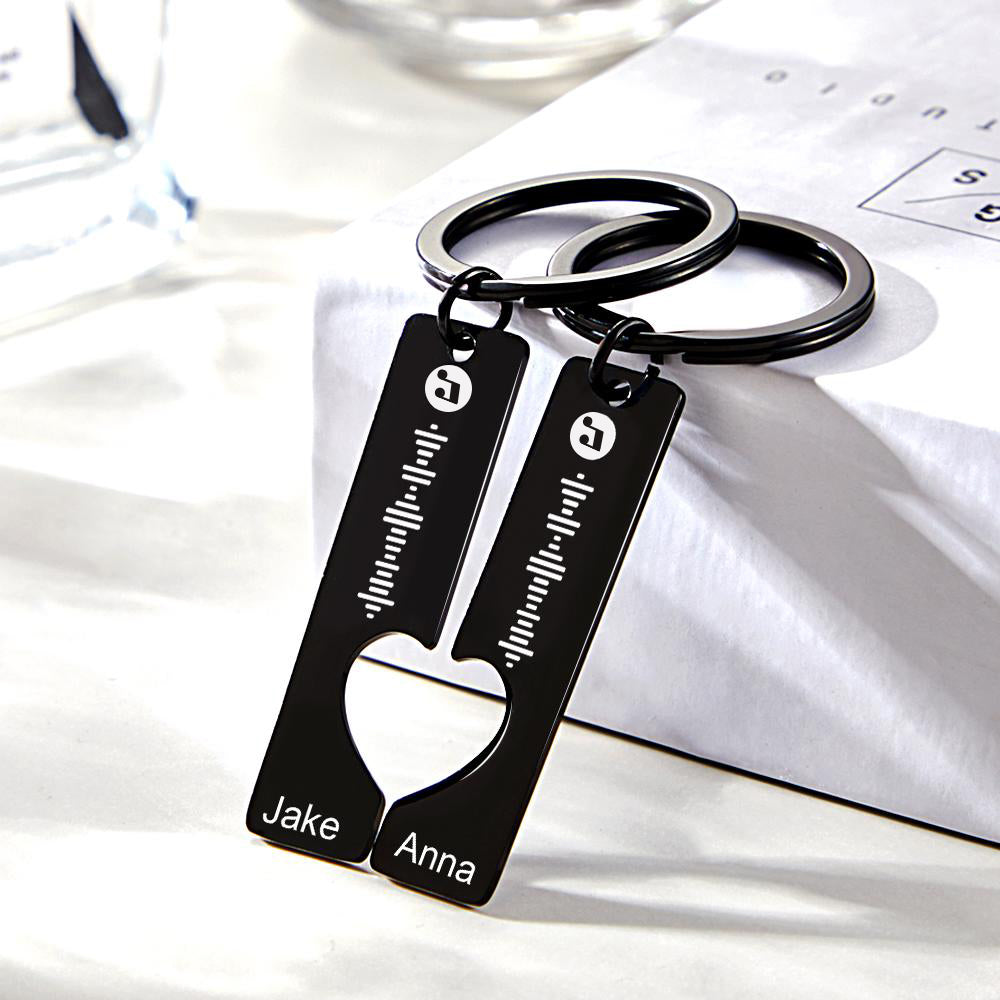 Drive Safe personalised keychain on keys showing scannable music code and engraved name example