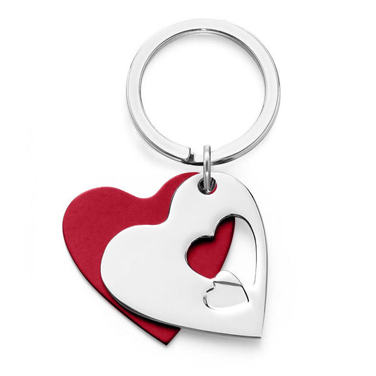 Personalised silver-tone layered cut-out two hearts keyring – front view of interlocking hearts ready for engraving, ideal engraved gift for couples, weddings or anniversaries