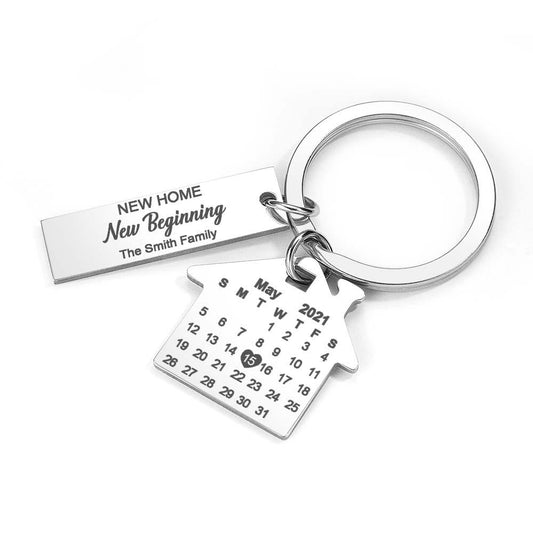 Personalised anniversary calendar keyring on keyring with keys, precision engraving visible — durable stainless steel keepsake for special occasions
