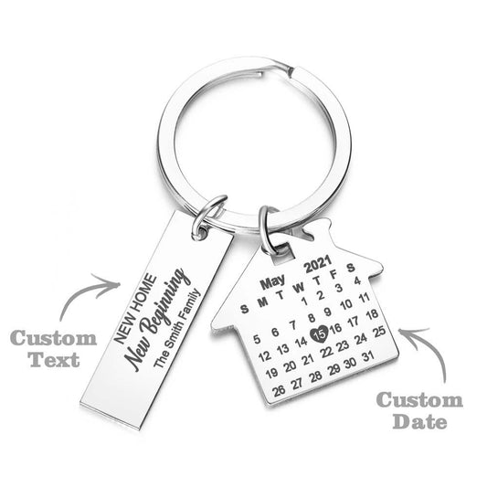 Personalised anniversary calendar keyring on keyring with keys, precision engraving visible — durable stainless steel keepsake for special occasions