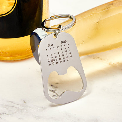 Personalised engraved calendar keyring bottle opener with keys and leather loop, ideal personalised keychain gift for groomsmen and weddings