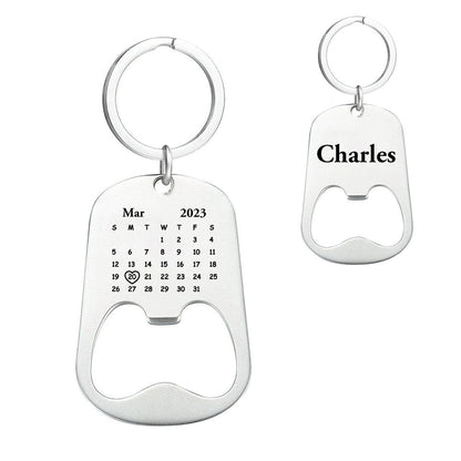 Set of personalised engraved calendar keyrings presented as thoughtful groomsmen gifts and wedding party save-the-date keepsakes