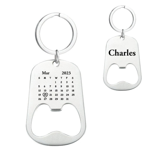 Set of personalised engraved calendar keyrings presented as thoughtful groomsmen gifts and wedding party save-the-date keepsakes