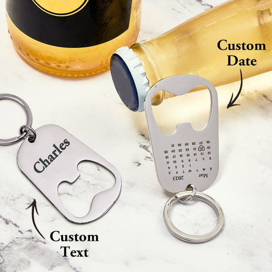 Set of personalised engraved calendar keyrings presented as thoughtful groomsmen gifts and wedding party save-the-date keepsakes