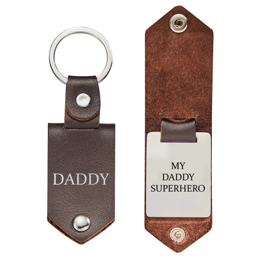 Close-up of 'My Daddy Super Hero' personalised leather photo keyring showing printed photo, leather grain and metal split ring – a thoughtful personalised gift for dad, grandpa or favourite hero