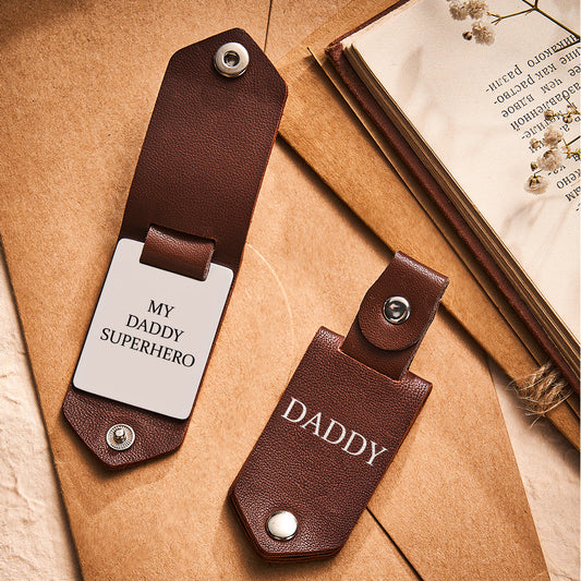 Close-up of 'My Daddy Super Hero' personalised leather photo keyring showing printed photo, leather grain and metal split ring – a thoughtful personalised gift for dad, grandpa or favourite hero