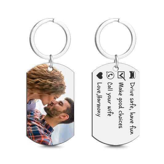 Close-up of Drive Safe Have Fun personalised photo keyring with metal split ring and glossy photo insert — ideal personalised gift for him