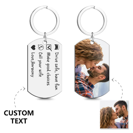 Close-up of Drive Safe Have Fun personalised photo keyring with metal split ring and glossy photo insert — ideal personalised gift for him