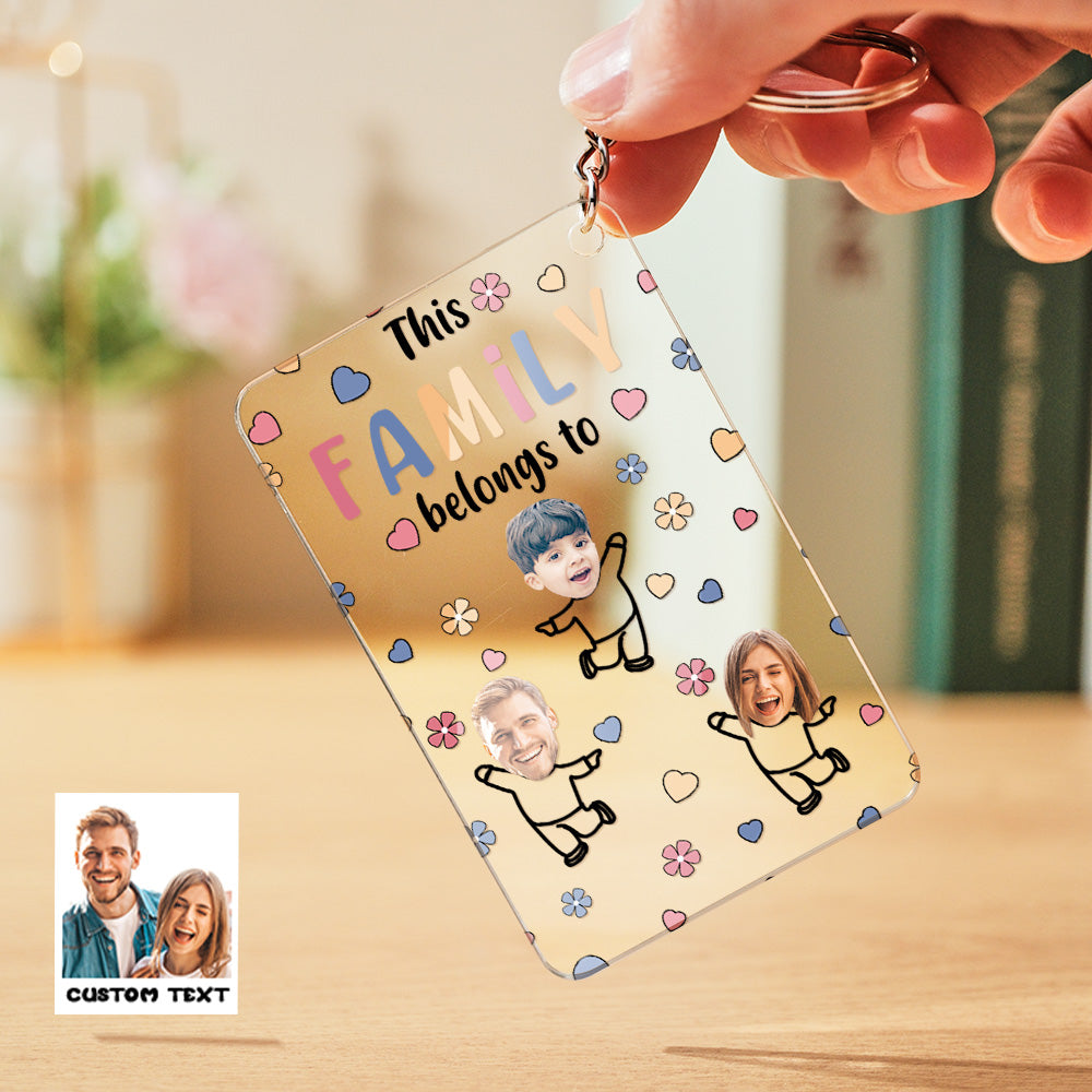 Personalised Custom Faces Acrylic Keychain attached to a backpack, showcasing stylised face print and engraved message — a unique graduation or wedding favour