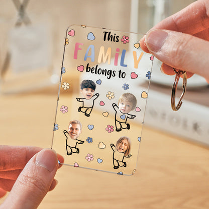 Detailed view of custom face artwork on clear acrylic keychain with engraved date — bespoke anniversary gift with crisp, high‑resolution finish