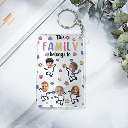 Close-up of metal keyring attachment and clear acrylic charm with engraved quote — durable personalised keyring for bags, keys or backpacks