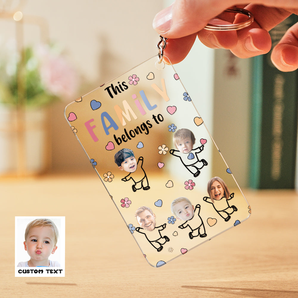 Selection of Personalised Custom Faces Acrylic Keychains displaying different face styles and engraved names — bespoke birthday and anniversary gifts