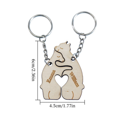 Twin personalised bear keychains on split rings — engraved wooden couple keyrings ideal as Valentine's or anniversary gifts