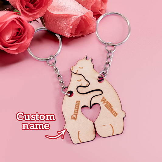 Personalised couple bear keyring set — custom matching engraved wooden keychains for Valentine's Day with personalised names