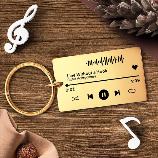Personalised engraved music code keyring — black-trim clear acrylic plaque with scannable music code and stainless steel ring, custom song gift