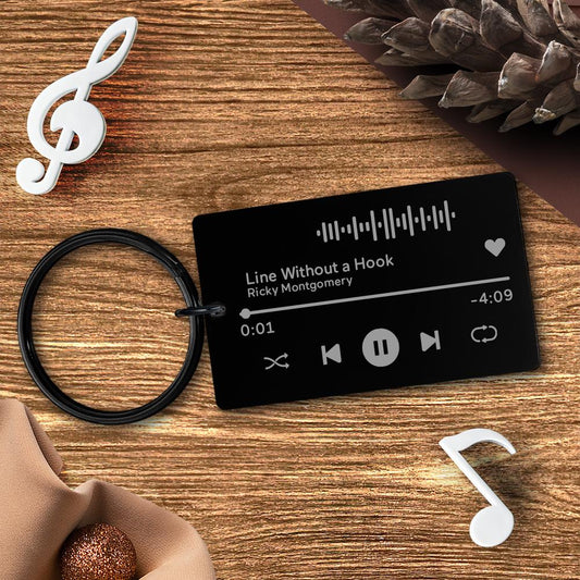 Personalised engraved music code keyring — black-trim clear acrylic plaque with scannable music code and stainless steel ring, custom song gift