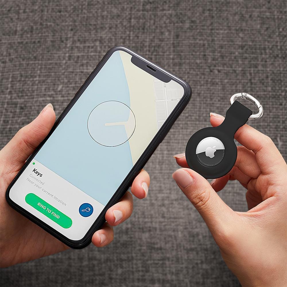 Alternative colour personalised silicone AirTag case with metal keyring displayed front‑on — stylish custom AirTag case gift option