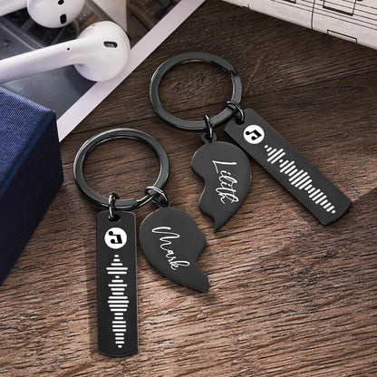 Close-up of laser-cut personalised heart keyring showing smooth edges and detailed name engraving with embedded music code