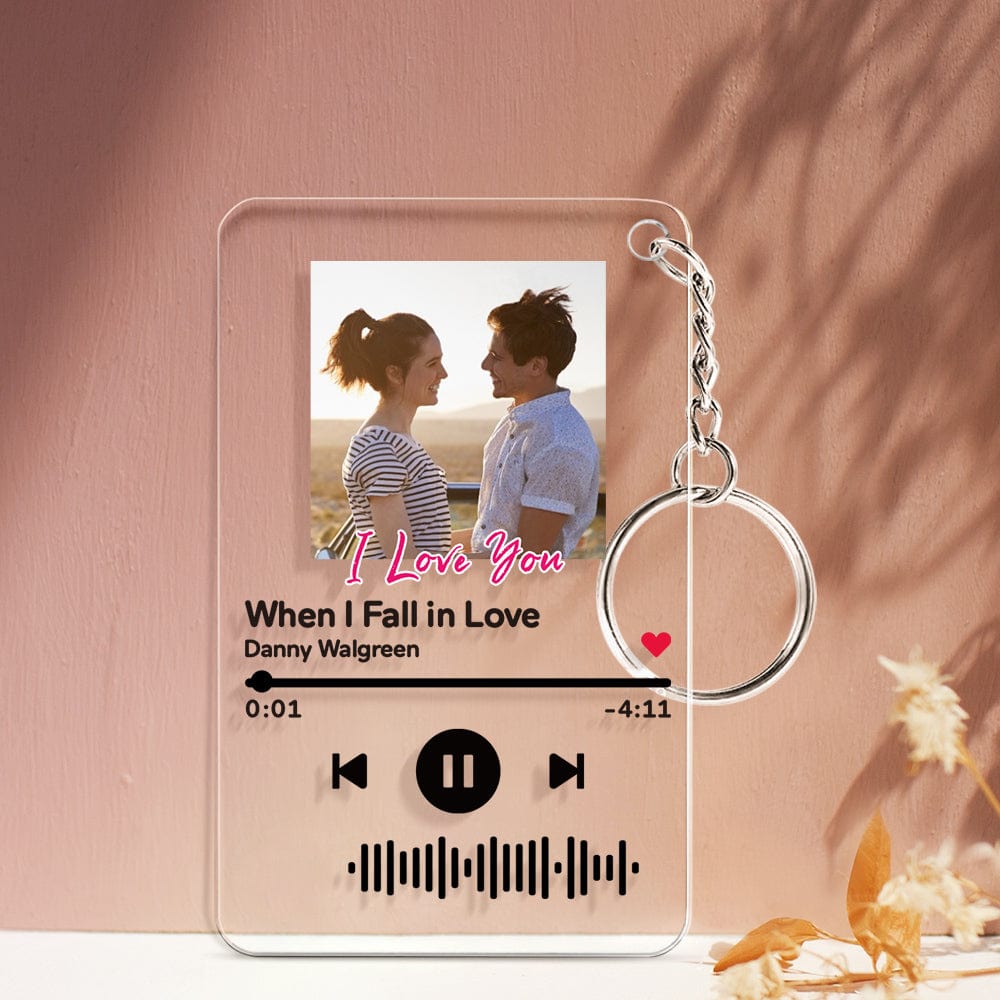 Personalised scannable music plaque and matching keychain night light in black acrylic with engraved QR code and 'I Love You' text
