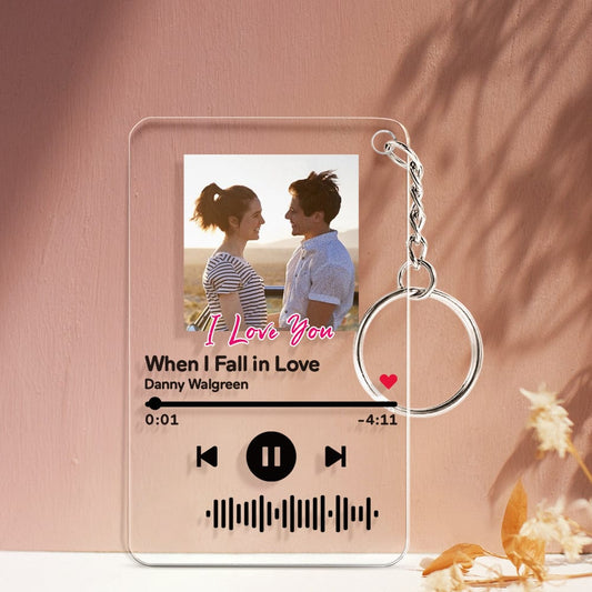 Personalised scannable music plaque and matching keychain night light in black acrylic with engraved QR code and 'I Love You' text