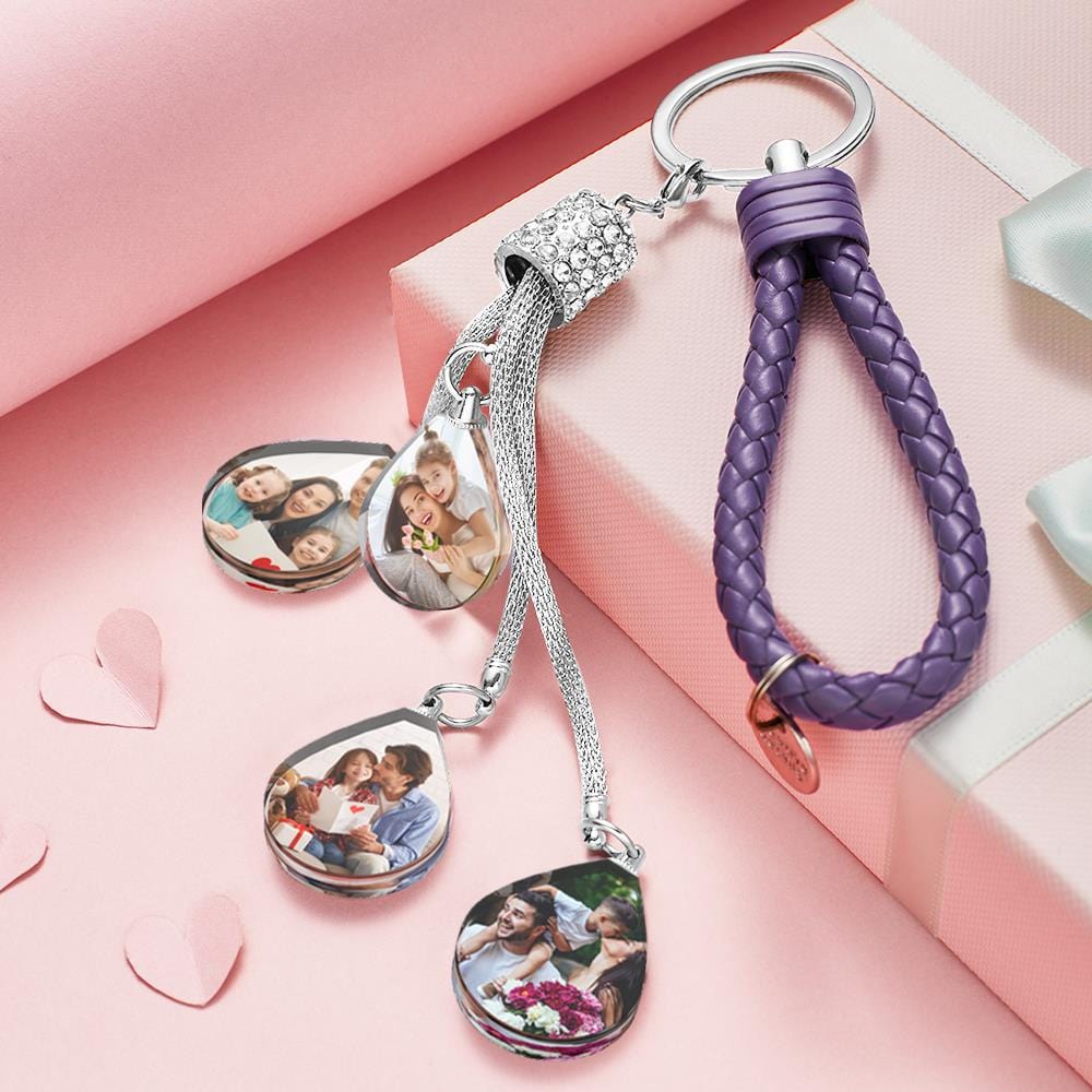 Purple personalised photo keychain with diamond-inlaid crystal panel in polished stainless steel — custom photo keyring, sparkling personalised gift and keepsake