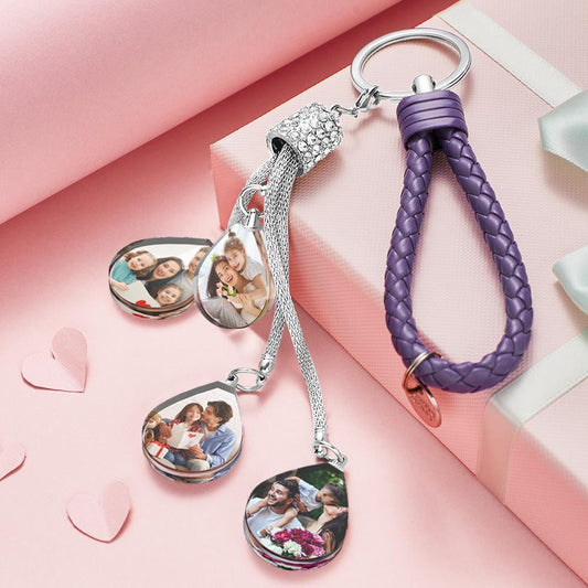 Purple personalised photo keychain with diamond-inlaid crystal panel in polished stainless steel — custom photo keyring, sparkling personalised gift and keepsake