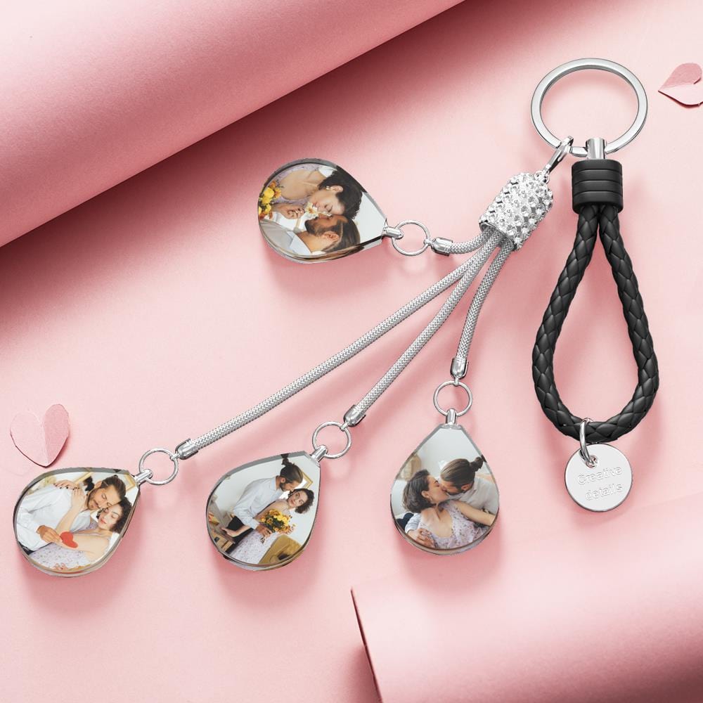 Detail close-up of black personalised keychain chain and split ring with diamond-inlaid crystal panel — elegant customised photo keepsake