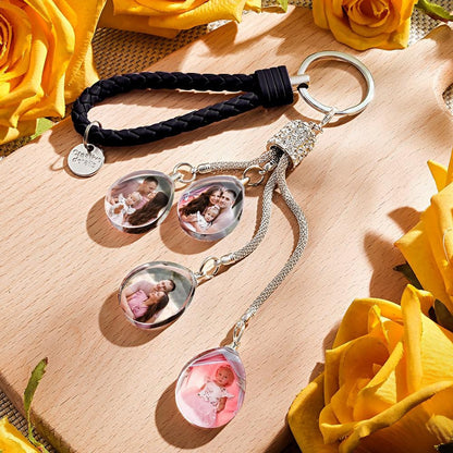 Front view of purple crystal personalised keyring displaying an inserted photo and polished stainless finish — elegant custom photo keepsake