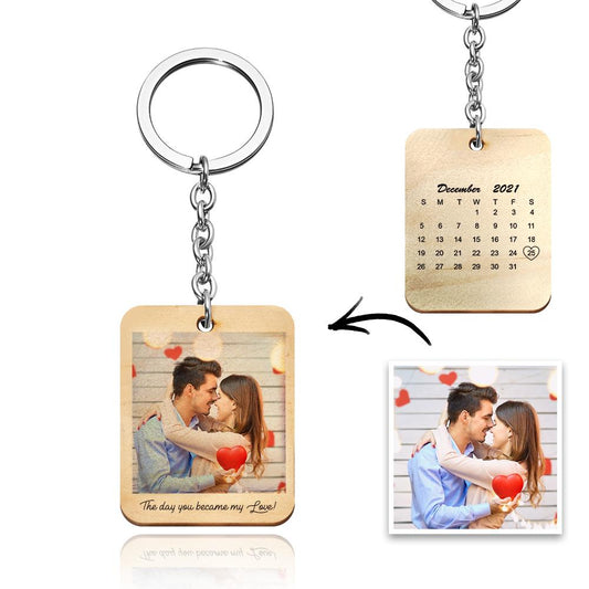 Lifestyle shot of a personalised wooden photo keychain attached to keys - thoughtful personalised anniversary, Mother’s Day or Father’s Day gift