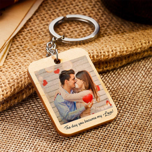 Lifestyle shot of a personalised wooden photo keychain attached to keys - thoughtful personalised anniversary, Mother’s Day or Father’s Day gift