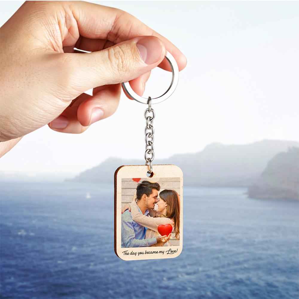 Custom Keychain, Personalized Photo and Date Wooden Key Ring Gift For Him