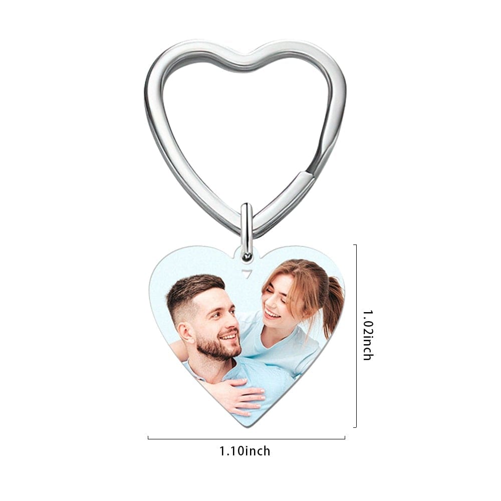 Detailed view of silver engraved stainless steel heart keyring with clear photo engraving and highlighted date – durable keepsake